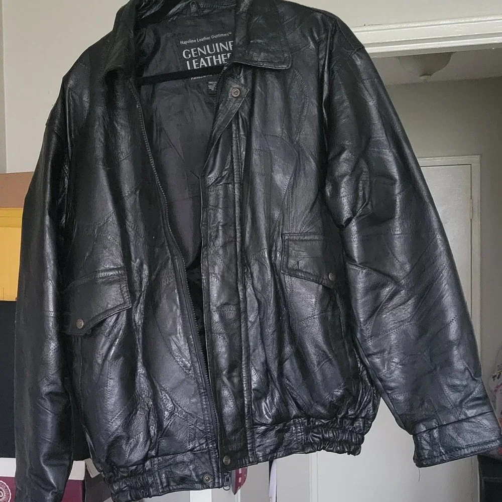 Napoline Leather Outfitters men's genuine black leather bomber jacket large NWOT - Picture 1 of 7